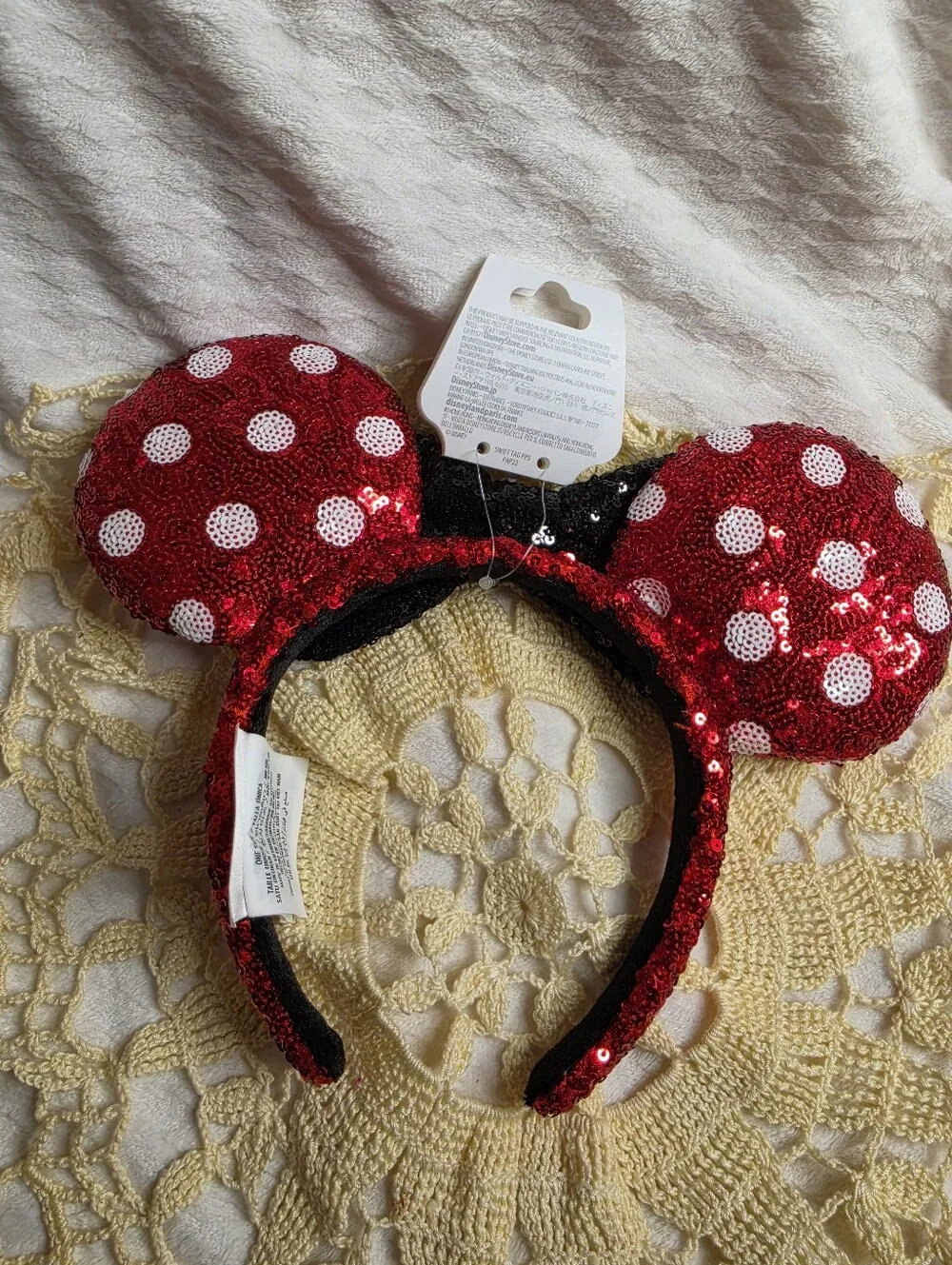 Disney Red Sequin White Dots Minnie Ears Headband with Black Bow New
